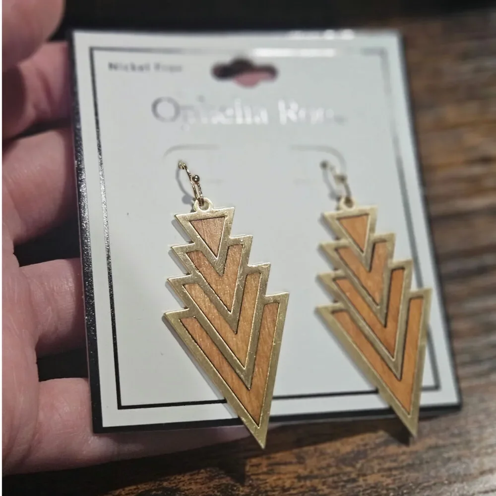 Ophelia Roe Gold Tone Wood Geometric Drop Earrings Nickel Free NWT Deadstock